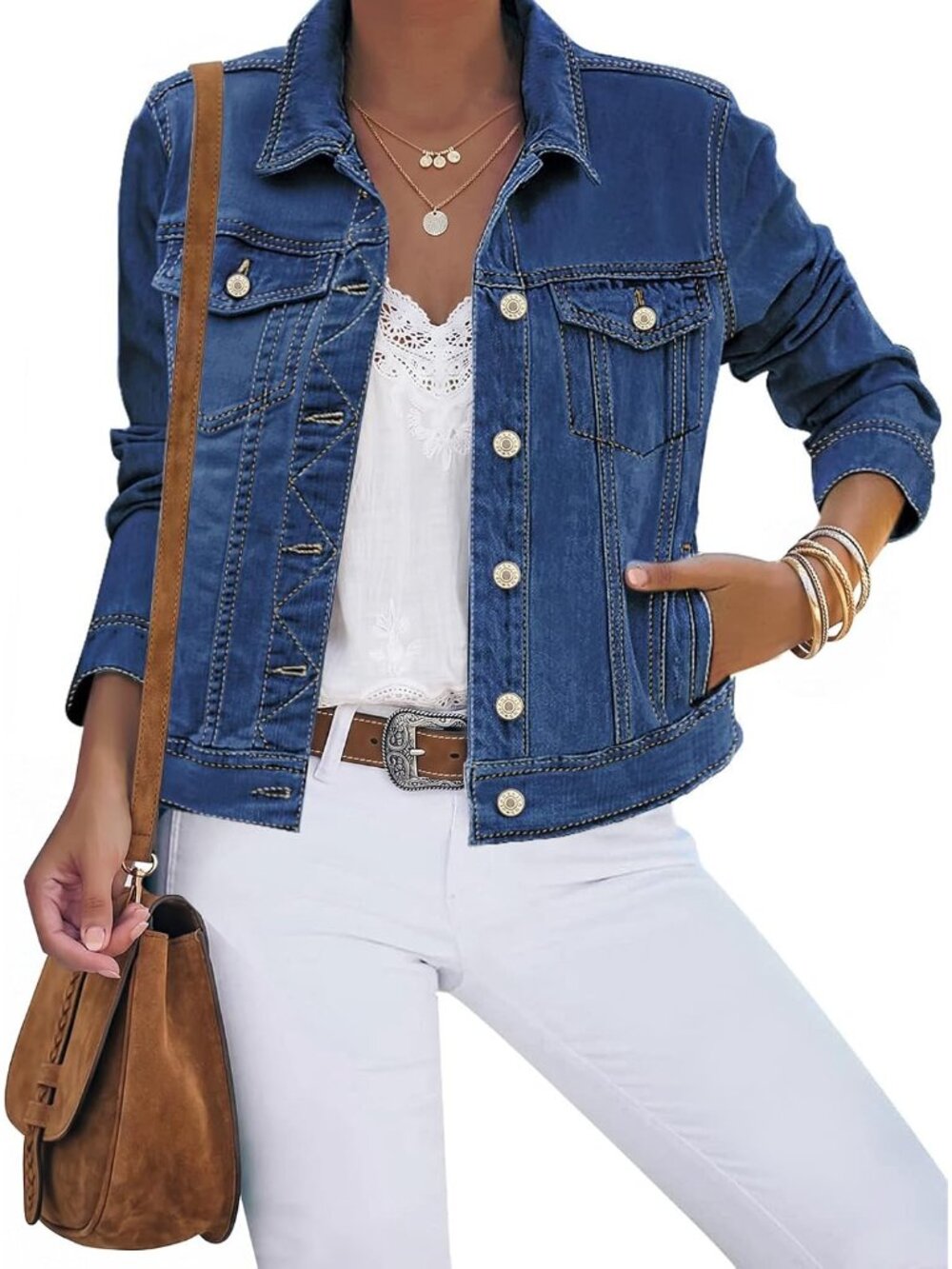 Women's Basic Button Down Stretch Fitted Long Sleeves Denim Jean Jacket